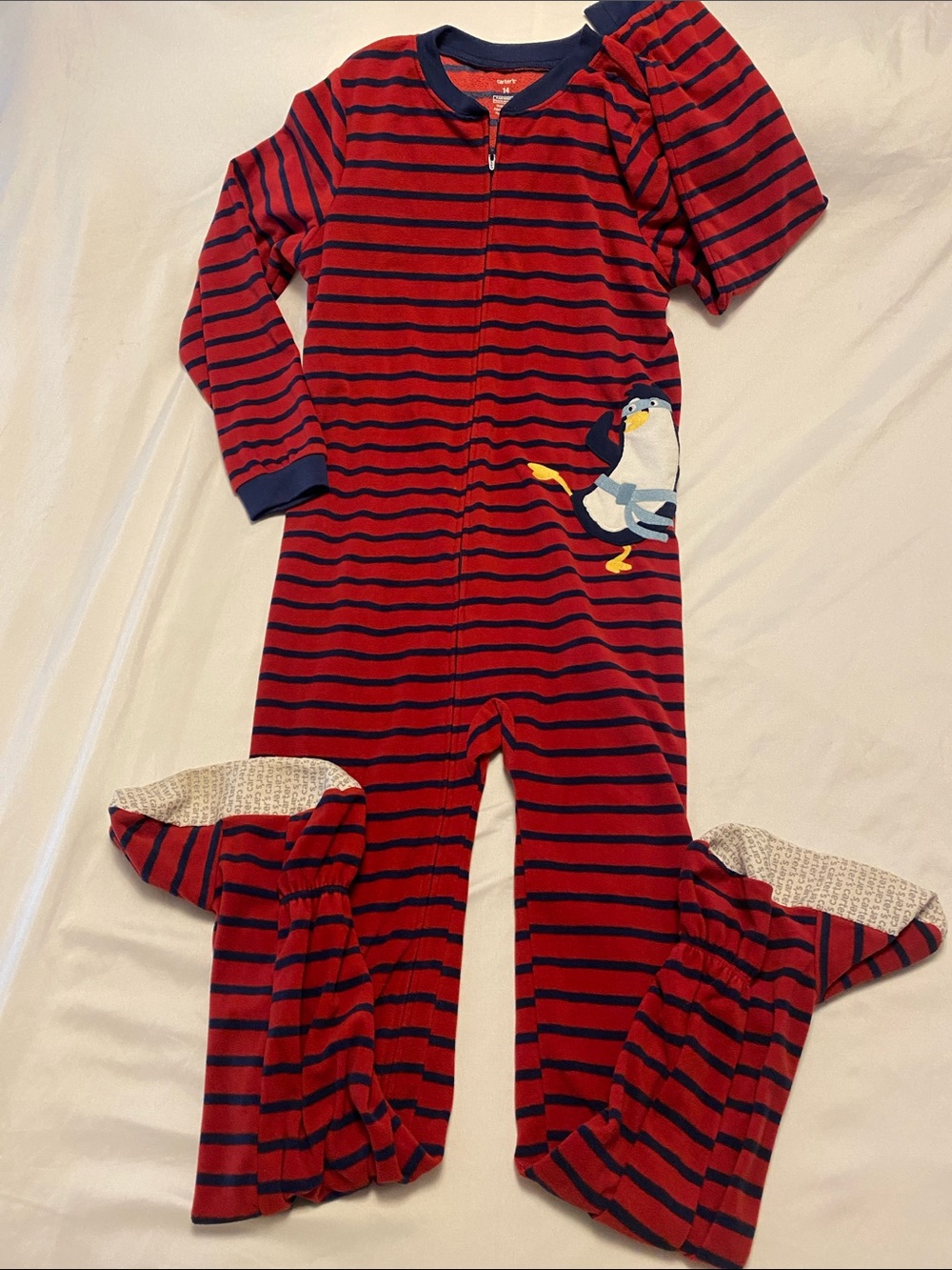 Carters Red & Navy Striped Footed One-Piece Pajamas with Penguin